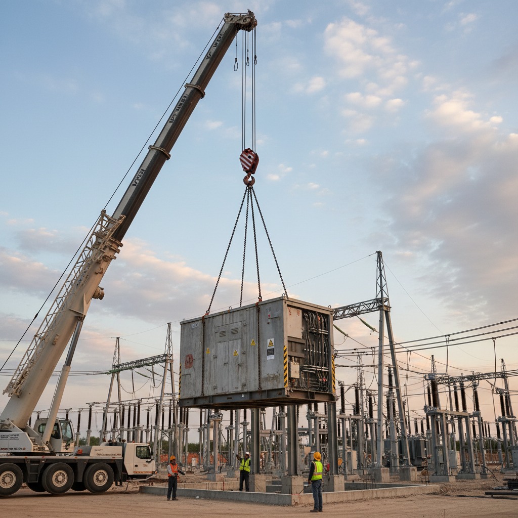 A large crane lifts a heavy electrical transformer at a substation while three workers in safety vests stand below.